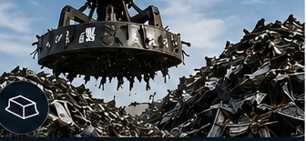Recovered scrap metal being handled by grab machinery